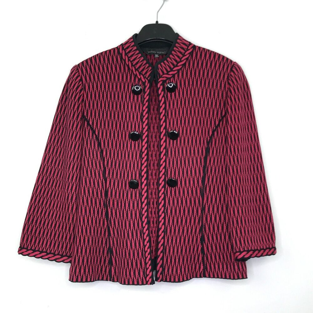 Ming Wang Women's XS Cardigan Blazer Pink Black Geometric Open Front Flaw CA6